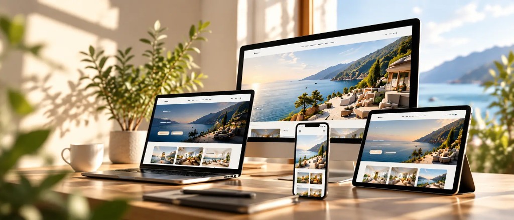 Zonnig houten bureau met laptop, monitor, tablet en smartphone die dezelfde website tonen, naast een plant en een koffiemok.